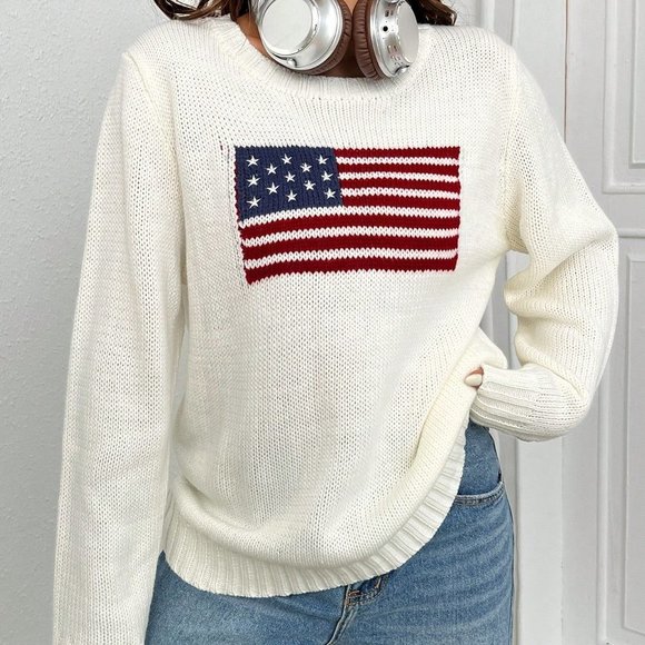 White Casual Womens Flag Pattern Sweater - Picture 5 of 5